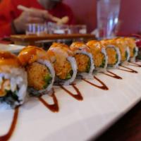 Hot Girl Roll · Spicy crab and jalapeno inside, topped with seared salmon tataki dressed in a slightly spicy...