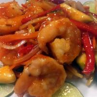 Lemongrass Pepper Shrimp Plate · Large shrimp, bell peppers, celery, black pepper and sweet tangy chili sauce. Served with wh...