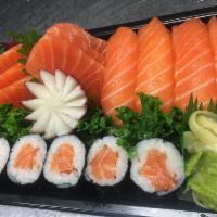 Salmon Lover · 4 pieces of salmon sushi. 6 pieces of salmon sashimi and salmon roll. Your choice of miso so...