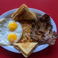 Steak, Eggs and Hash Brown · Beef steak. Boiled until the yolk and whites become solid. Fried shredded potatoes. 