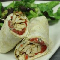 Buongusto Wrap · Grilled chicken, mozzarella cheese, roasted peppers and balsamic vinaigrette. Served with yo...