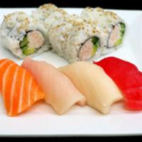 Sushi and Roll Combination · Chef's choice of 4 pieces nigiri, California roll and miso soup or green salad.