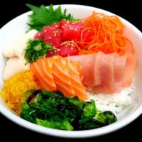 Chirashi Bowl · Sushi rice, 10 piece sashimi of chef's choice, garnished with carrots, ginger, wasabi and mi...