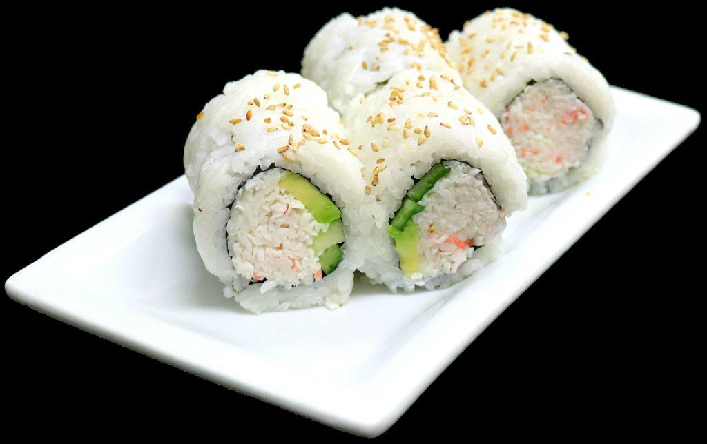 California Roll · Crab mix, avocado, and cucumber topped with sesame seeds.