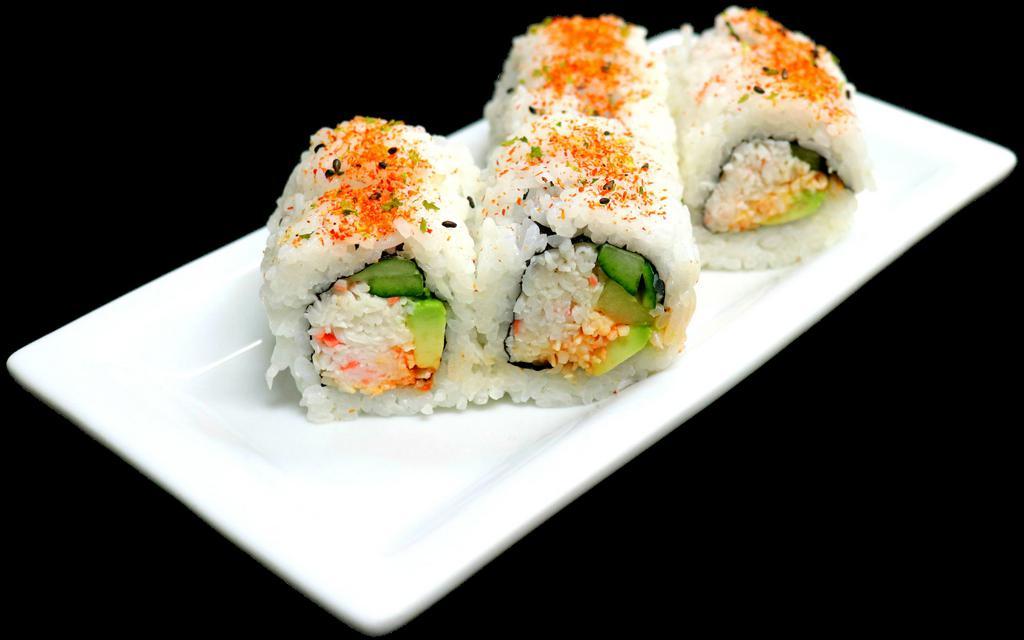 Spicy California Roll · Spicy crab, avocado and cucumber topped with shichimi flakes. Spicy.