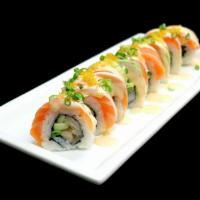 Nitro Roll · Albacore, cucumber, green onion topped with fresh salmon, avocado, nitro sauce and topped wi...