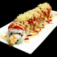 Red Dragon Roll · Shrimp tempura and spicy crab topped with spicy tuna, unagi sauce, spicy mayo and crunchies....