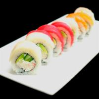 Rainbow Roll · California roll with 5 assorted fish on top.