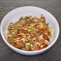 Shrimp Yakisoba · Pan-fried noodle with shrimp, napa cabbage, carrots, and white onions. Topped with Japanese ...