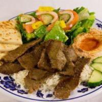 Gyro Platter · Gyro, salad, rice, salata, tzatziki,  hummus and pita bread.