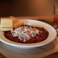 Brisket Chili · Pepper jack and red onions.