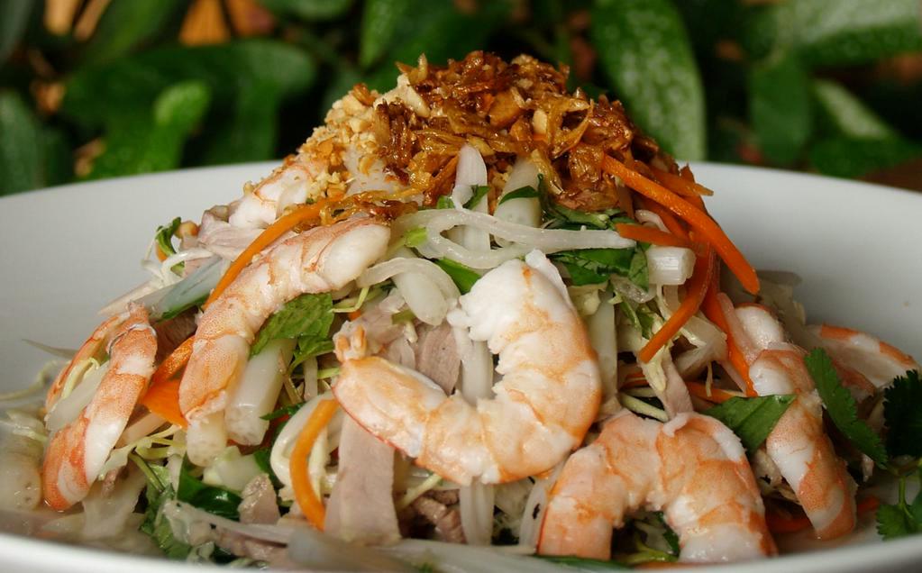 24. Lotus Root Salad   · Goi ngo sen. Lotus root, shredded cabbage, carrot, shrimp, pork, and mint leaves. Served with sesame crackers and fish sauce. Topped with peanut and fried onion.  Gluten free.