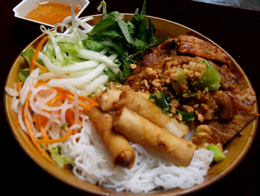 37. Vermicelli  · Bun. Vermicelli noodle bowl comes with lettuce, mint leaves, cucumber, bean sprouts, and pickled carrot. Topped with oiled green onion and peanut. Served with fish sauce.