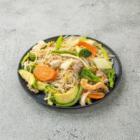 56. Combination Stir-fried Noodles  · Hu tieu xao thap cam. Stir-fried with onions, garlic, chicken, pork, squid, shrimp, mix vege...