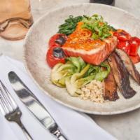 Griled Teriyaki Salmon Bowl · Sauteed spinach, roasted peppers, mushrooms, bok choy, brown rice