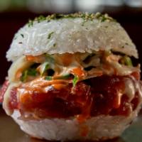 Sushi Burger · spicy yellowfin tuna, avocado, wakame seaweed salad, pickled ginger