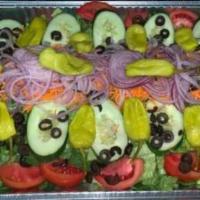 Garden Salad · Romaine lettuce with tomatoes, cucumbers, red onion, sliced black olives, pepperoncini, and ...