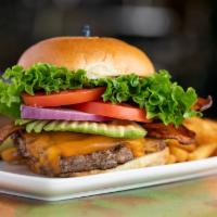 Hormone Free ABC Burger · Natural beef burger, bacon, cheddar cheese, avocado, lettuce, tomato, onion and mayo on a gr...