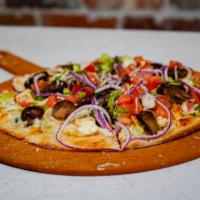 Alfredo Chicken Pizza · Alfredo sauce, roasted garlic, red onion, roasted mushrooms, diced tomatoes and green onions.