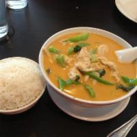 79. Panang Curry with Pumpkin · Chicken. Thick panang curry with pumpkin coconut milk. Substitute beef for an additional cha...