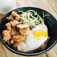 K1 Kid's Oyako Don · Steamed Rice topped with chicken karaage, cucumber, and fried egg.