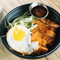 Kid's Katsu Don · Steamed rice with one piece  pork cutlet, cucumber, and fried egg