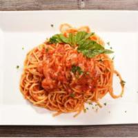Spaghetti Amatriciana · Bacon, Parmigiano cheese, onion, and tomato sauce.