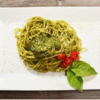 Linguine Pesto · Mashed garlic and pine nuts, salt, basil, Parmigiano cheese, all blended with olive oil.