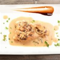 Chicken Marsala · Chicken breast, heavy cream, mushrooms, minced garlic, and Marsala.
