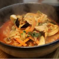 Jjamppong · A hearty and spicy stew with shrimp, squid, mussels, octopus, pork, onion, napa cabbage, car...