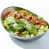 Avocado Cajun Shrimp Salad · Grilled Cajun seasoned shrimps with Avocado, crisp hearts of romaine and baby arugula mixed ...