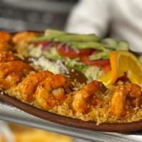 Camarones al Ajillo · Shrimp sauteed with garlic. Served with a house salad, Mexican rice, refried beans and garli...