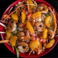 Asian Garden Salad · Sauteed butterflied shrimp over mixed greens, tomatoes, carrots, red peppers, toasted almond...
