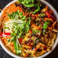 Veggie Tofu Medley  Gluten Free · Tamari tofu, onions, peppers, carrots, napa cabbage topped with peanuts and fresh cilantro. ...