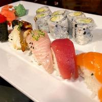 Nigiri & Maki Combo · 6 pieces assorted and 1 California roll (tuna, yellowtail, salmon, tilapia, squid and tobiko...