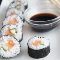 Spicy Salmon Maki-Roll · Salmon, cucumber, spicy mayo and sprinkled with togarashi peppers.
