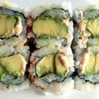 Spicy Avocado Roll · Avocado roll with spicy mayo and sprinkled with togarashi peppers.
