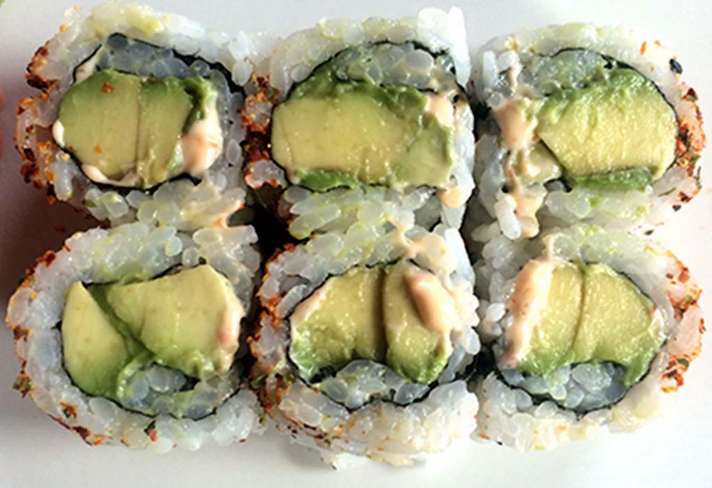 Spicy Avocado Roll · Avocado roll with spicy mayo and sprinkled with togarashi peppers.

