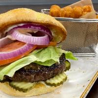 RCB Burger  · Half pound RCB burger topped with lettuce, tomato, red onion, pickles.