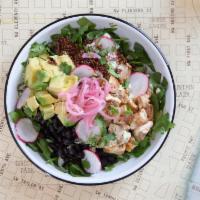 Roasted Chicken ＆ Avocado Bowl · With Red Quinoa, Black Beans, Pickled Onion, Cilantro Lime Salsa, ＆ Spinach