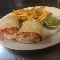 Chicken Salad Wrap · Chicken salad, guacamole, bacon, tomato and Romaine lettuce.