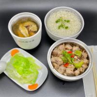 Steamed Spare Ribs, Jasmine Rice, Vege and Soup 香味蒸排骨 · 