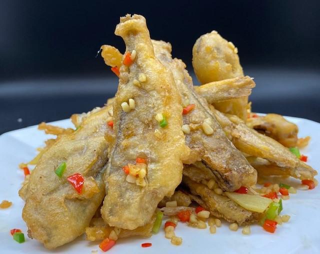 Salt & Pepper Yellow Croaker 椒鹽黃花魚 · Stir-fried crab with mix salt, white pepper, sugar, and five spice pepper.