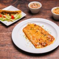 La Dona · 2 cheese enchiladas topped with chile con carne and a crispy ground beef taco. Served with R...