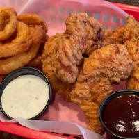 10 Piece Chicken Strip Basket  **NEW ITEM** · 10 Piece crispy chicken tenderloin strips with crispy crinkle cut Fries served with your cho...