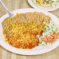 Chamizal Combination Plate · Chile relleno, bean tostada and cheese enchilada. Served with tortilla, beans and rice.
