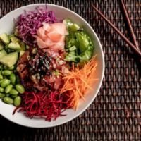 Fresh Tuna Bowl · Rice topped with sesame seeds, lettuce, edamame, cucumber, avocado, carrots, cabbage, beets,...