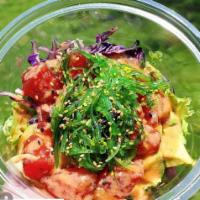Mighty Green Tuna and Salmon Bowl (NO RICE) · Fresh seasoned tuna and salmon, spring mix, lettuce, carrots, beets, cabbage, cucumber, avoc...