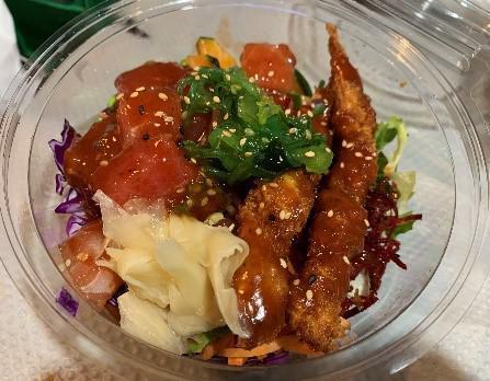 Spicy Old Bay Bowl · Fresh seasoned tuna and shrimp tempura, lettuce, carrots, beets, cabbage, cucumber, avocado, edamame, seaweed salad, old bay teriyaki sauce, pickled ginger.