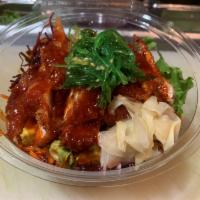 Korean Fire Chicken Bowl (VERY SPICY) · Crispy chicken, lettuce, carrots, beets, cabbage, cucumber, avocado, edamame, seaweed salad,...